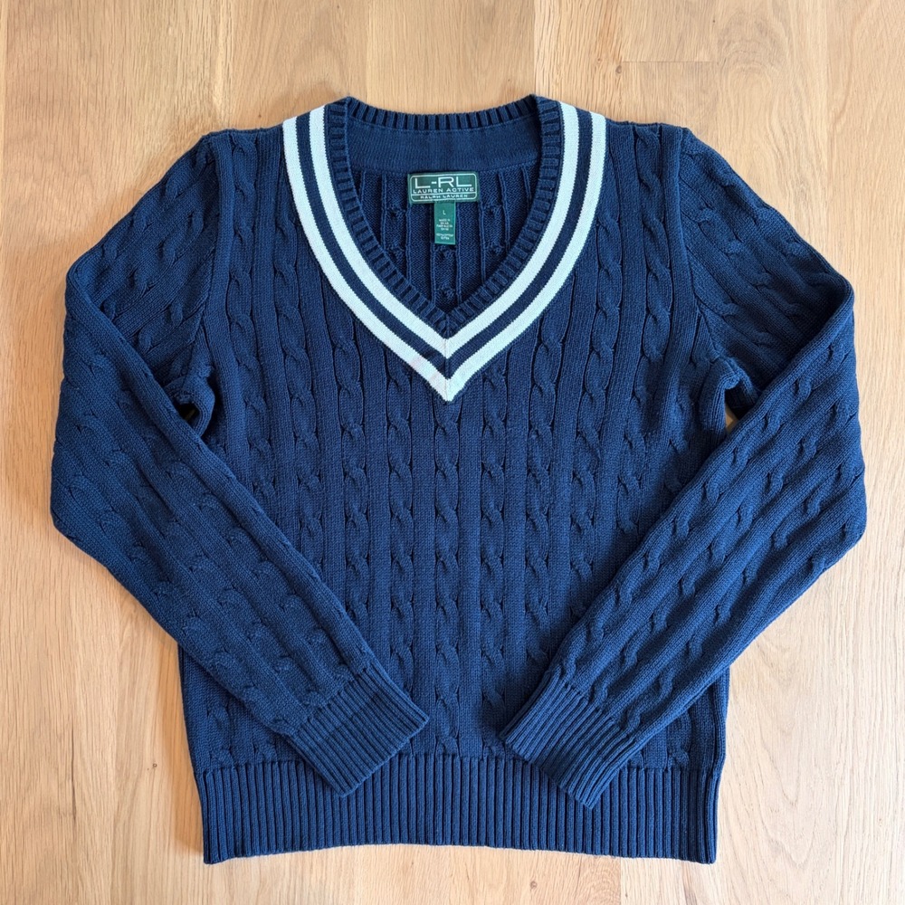Ralph Lauren Active Cable Knit Cricket Sweater V-Neck Navy L  Tennis Old Money